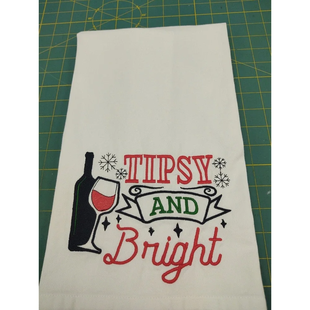TIPSY and BRIGHT Handcrafted Machine Embroidered Kitchen Hand Tea Bath Towel